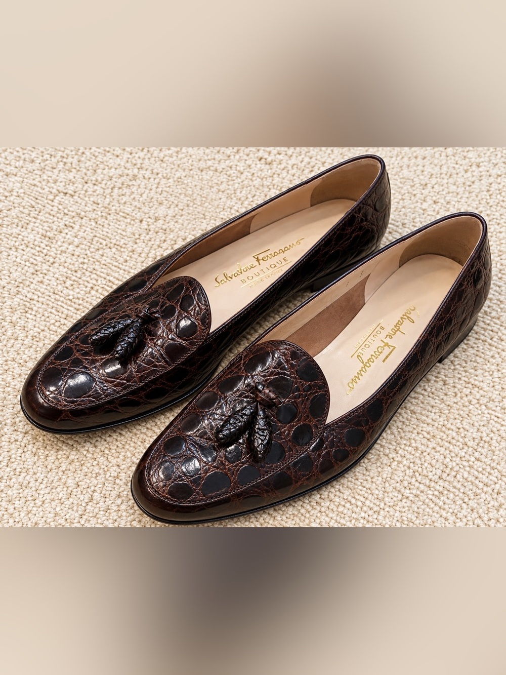 Vintage Salvatore Ferragamo Boutique Croc Tassel Loafers Brown Size 8 Italy